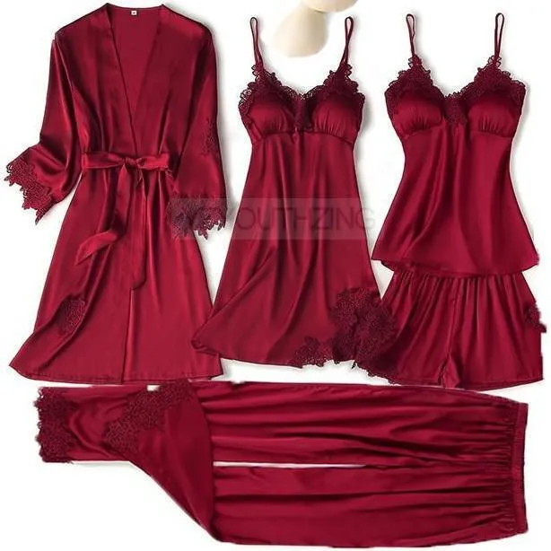 Pajama Set Women Lace Trim Satin Sleepwear Pyjamas Pour Femme