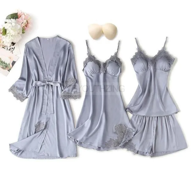 Pajama Set Women Lace Trim Satin Sleepwear Pyjamas Pour Femme