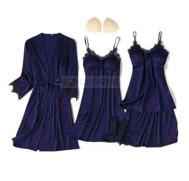 Pajama Set Women Lace Trim Satin Sleepwear Pyjamas Pour Femme