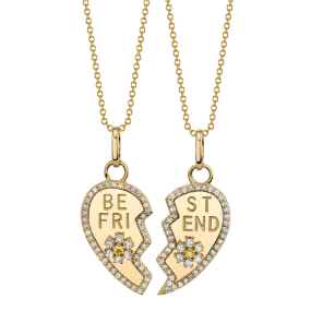 Pavé Best Friend Heart And Flower Pendant Set - White Diamond / 14k Yellow Gold