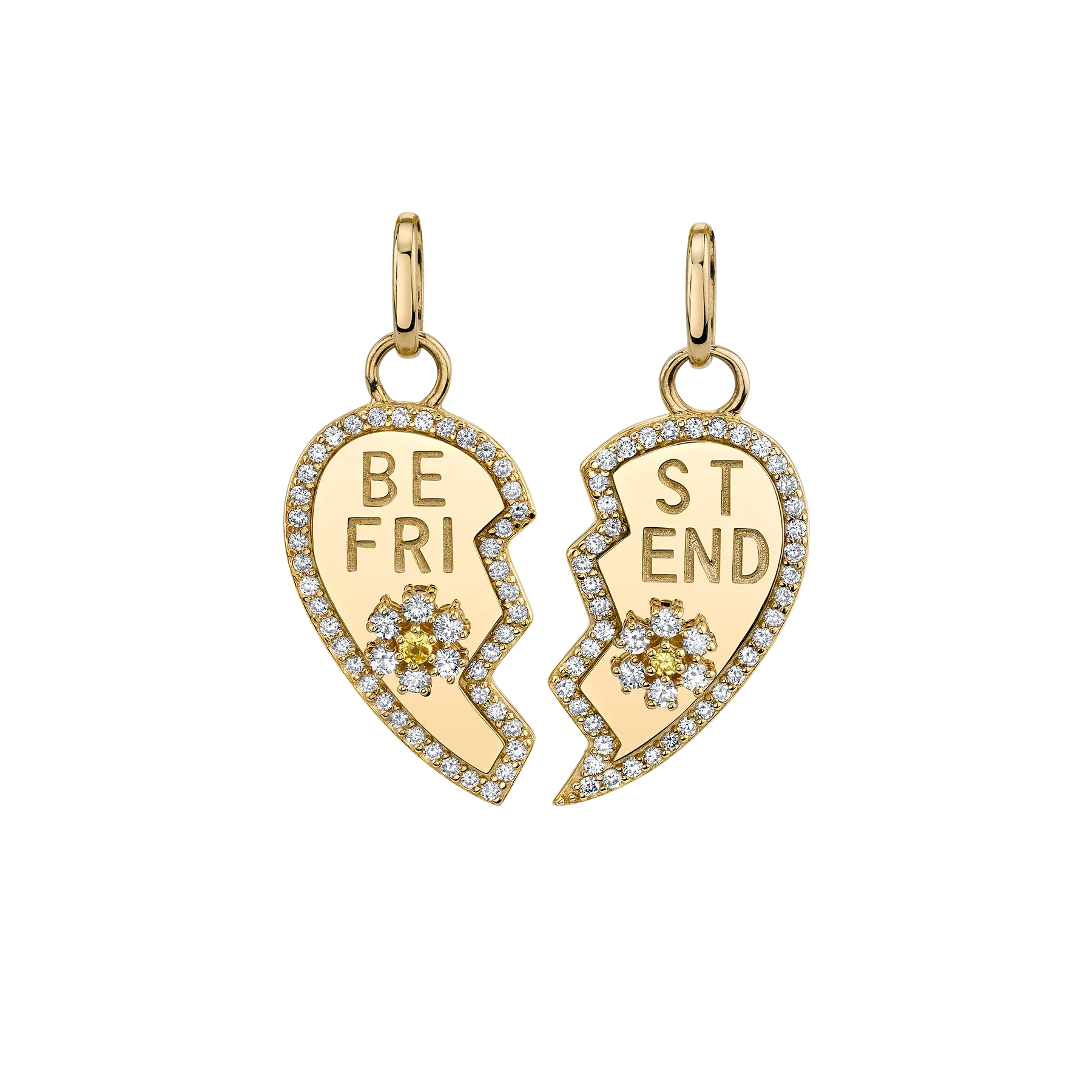 Pavé Best Friend Heart And Flower Pendant Set - White Diamond / 14k Yellow Gold