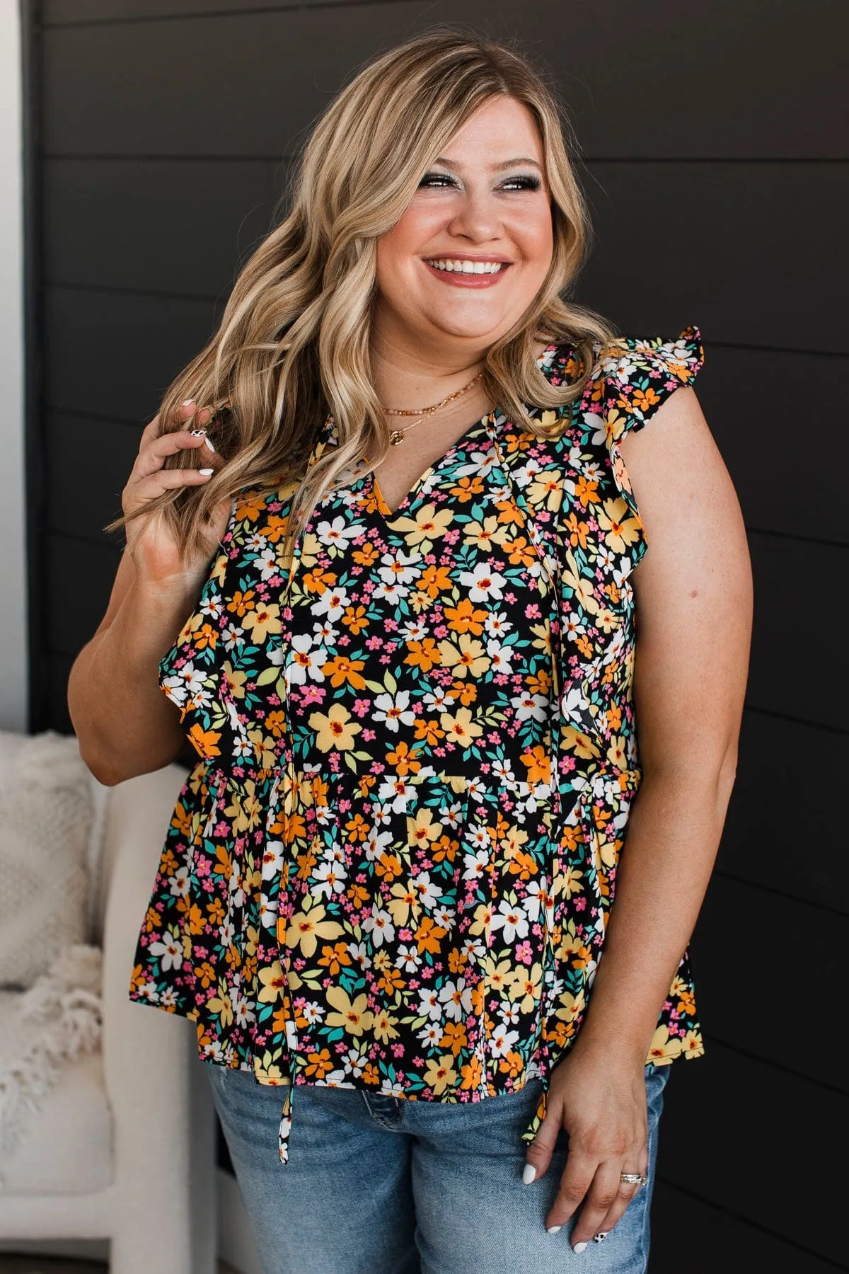 Perfect Evening Floral Peplum Top- Black