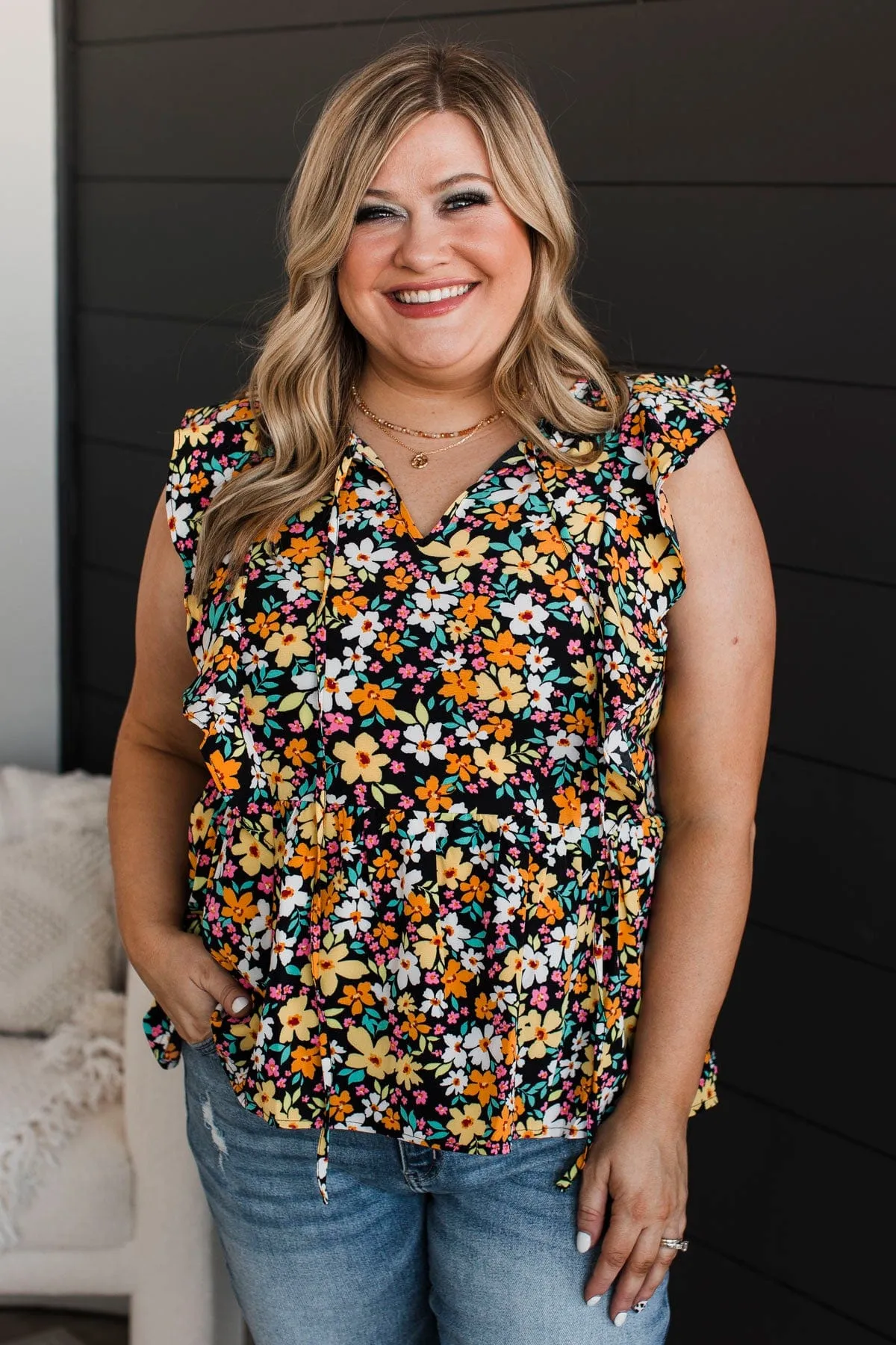 Perfect Evening Floral Peplum Top- Black