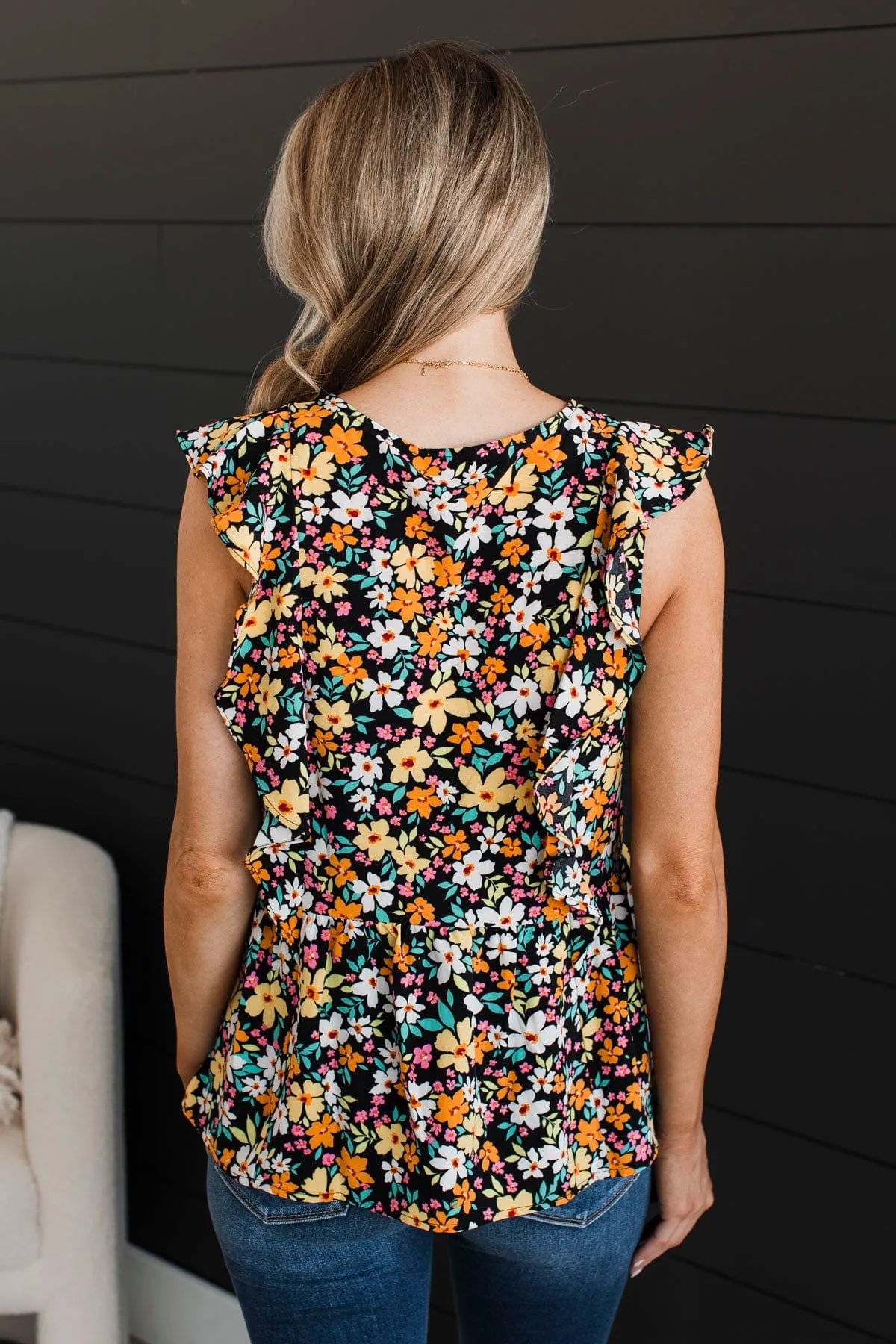 Perfect Evening Floral Peplum Top- Black