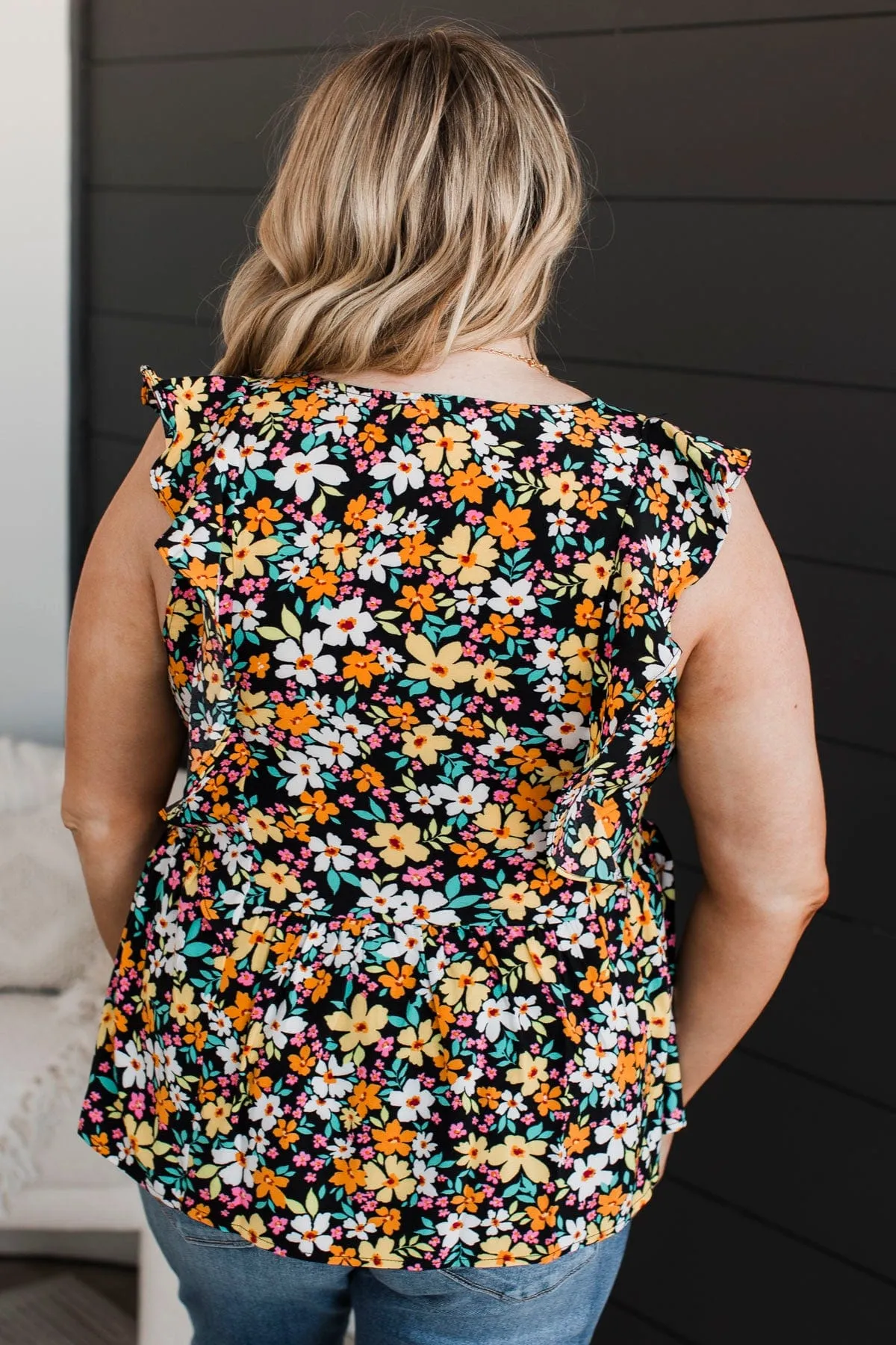 Perfect Evening Floral Peplum Top- Black