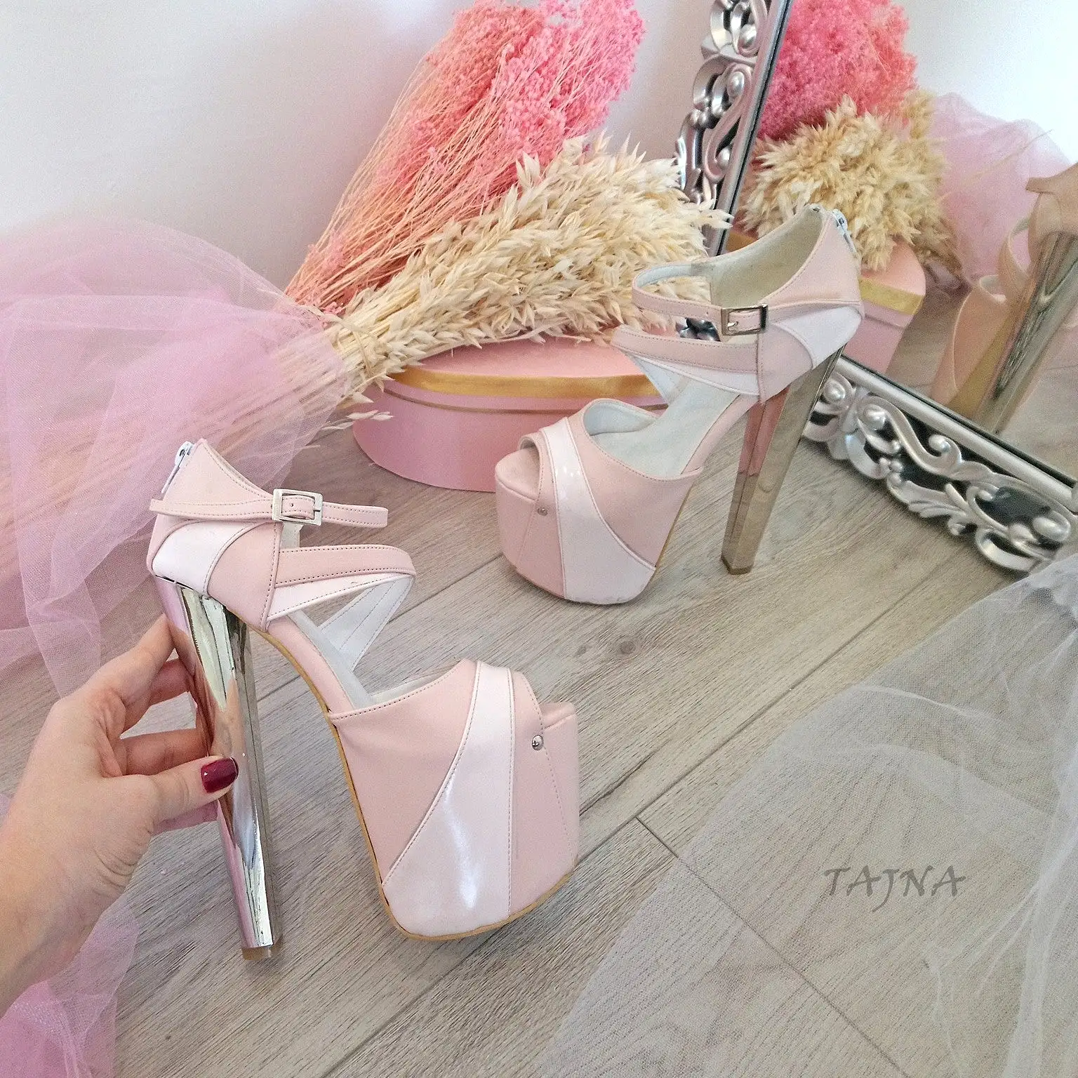 Pink Powder White High Heel Platform Shoes