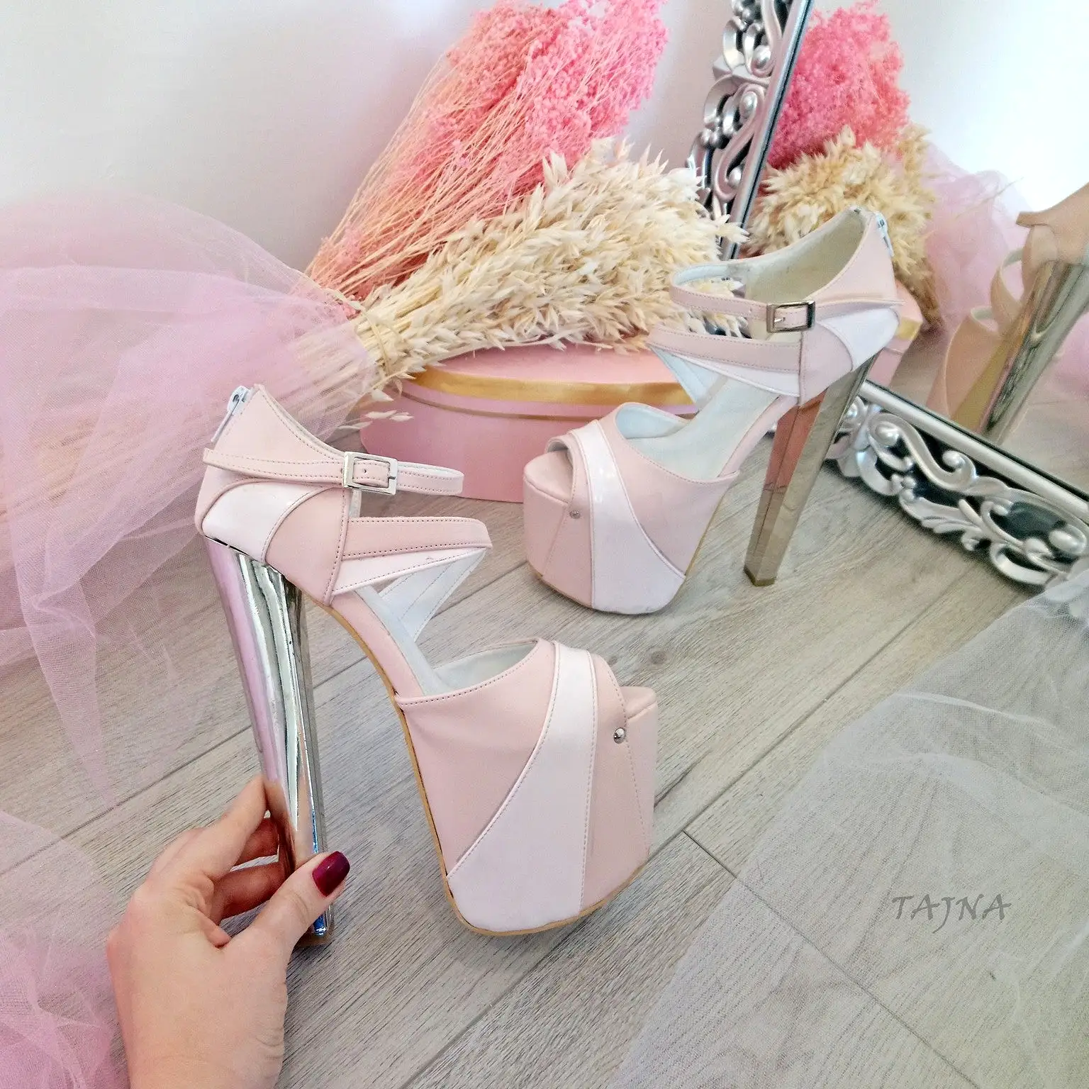 Pink Powder White High Heel Platform Shoes