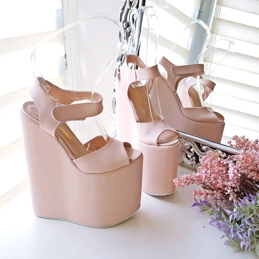 Powder Light Pink High Heel Wedge Platform Shoes