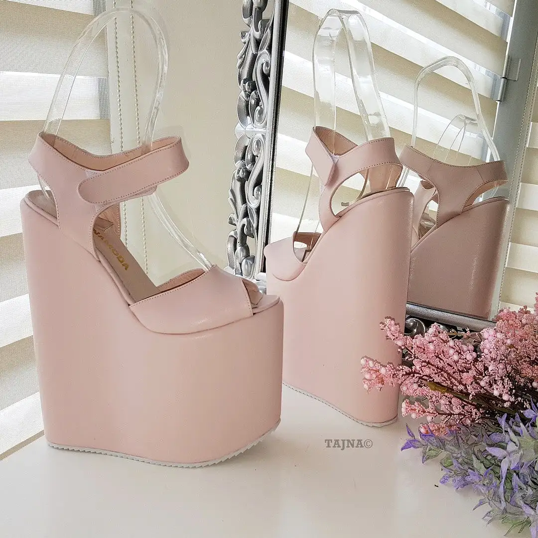 Powder Light Pink High Heel Wedge Platform Shoes