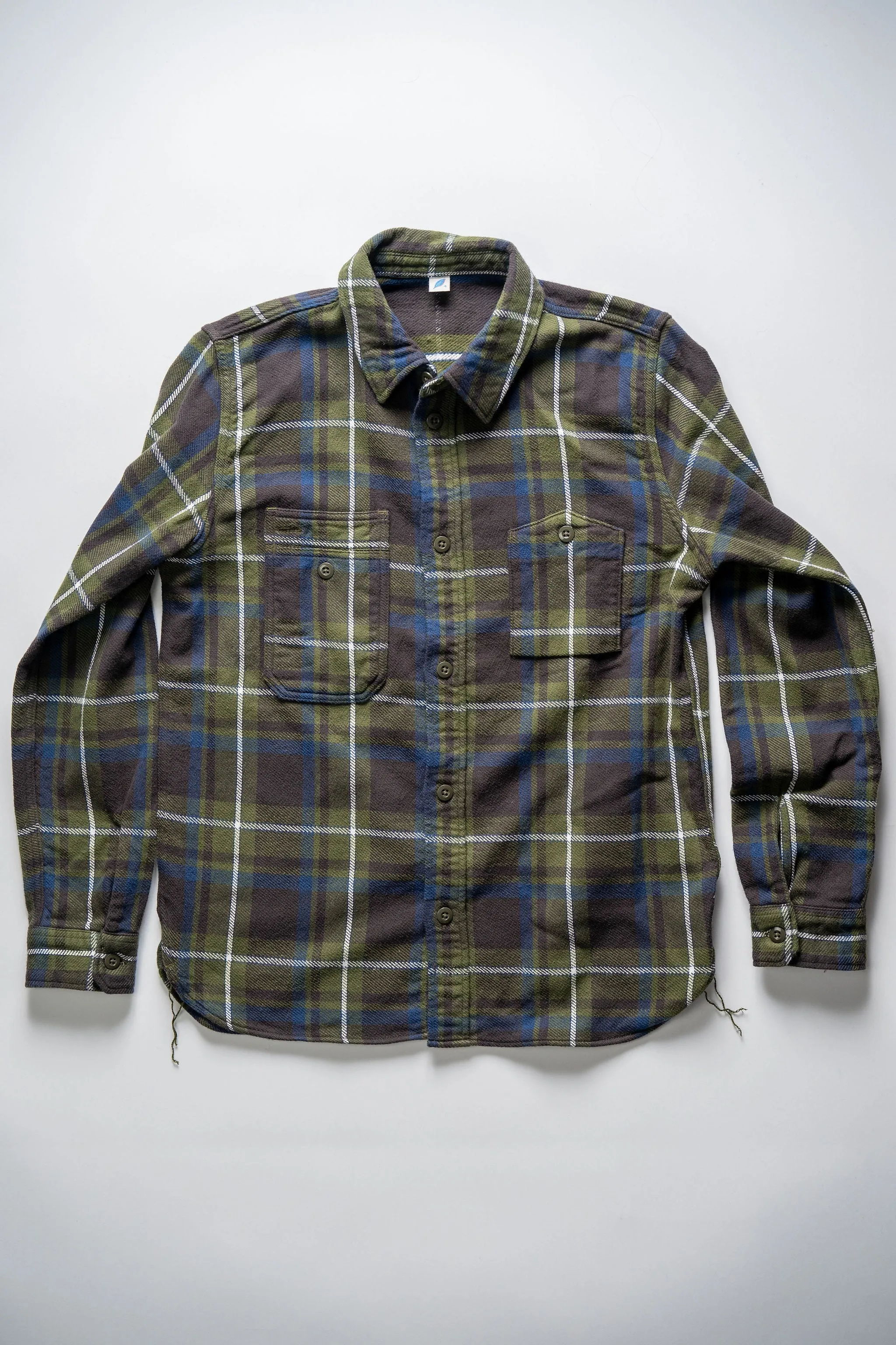 Pure Blue Japan 2222-OL Raised Surface Check Double Pocket Shirt -Olive