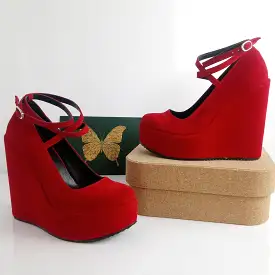 Red Suede Cross Strap Wedge Shoes