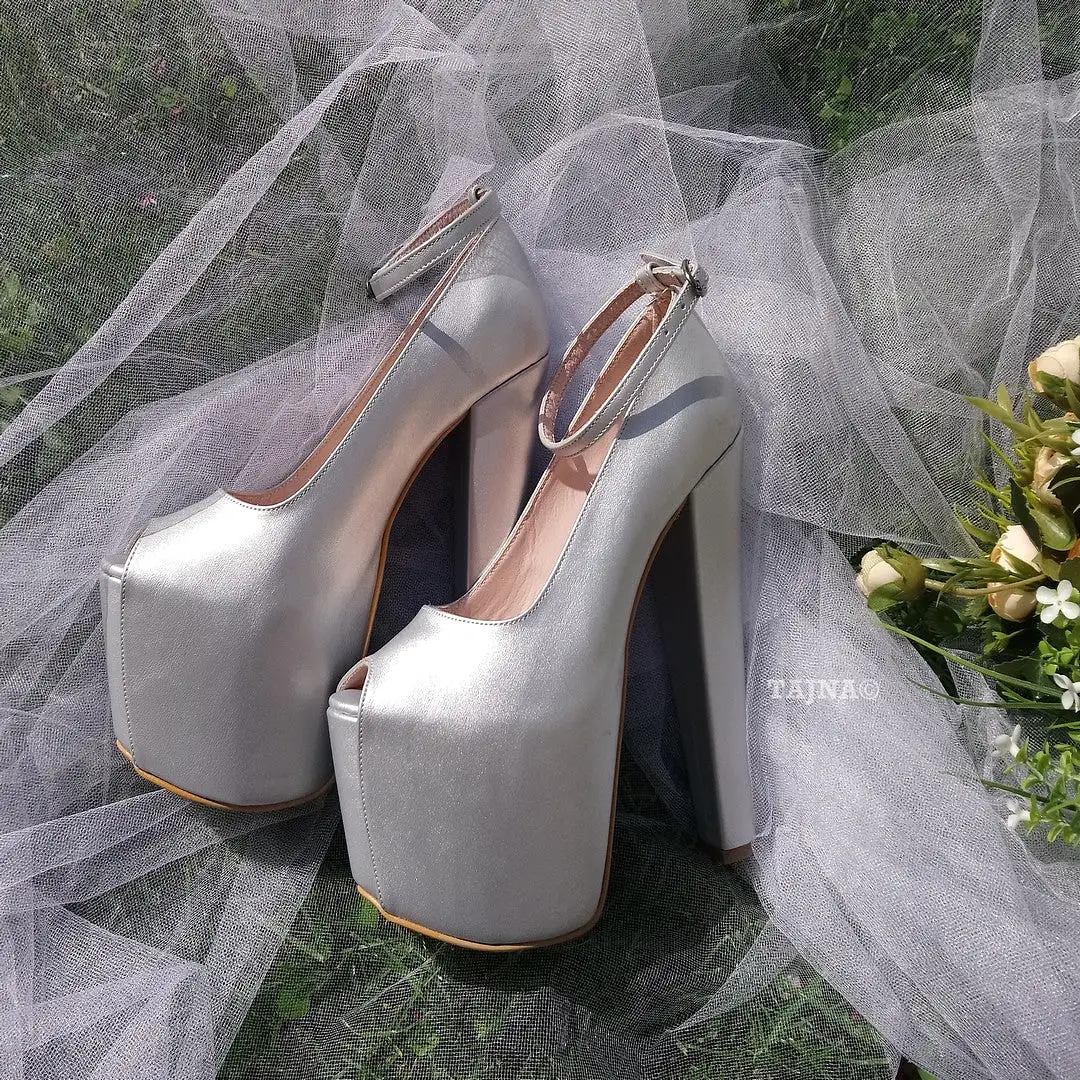 Silver Peep Toe Ankle Strap Wedding Shoes