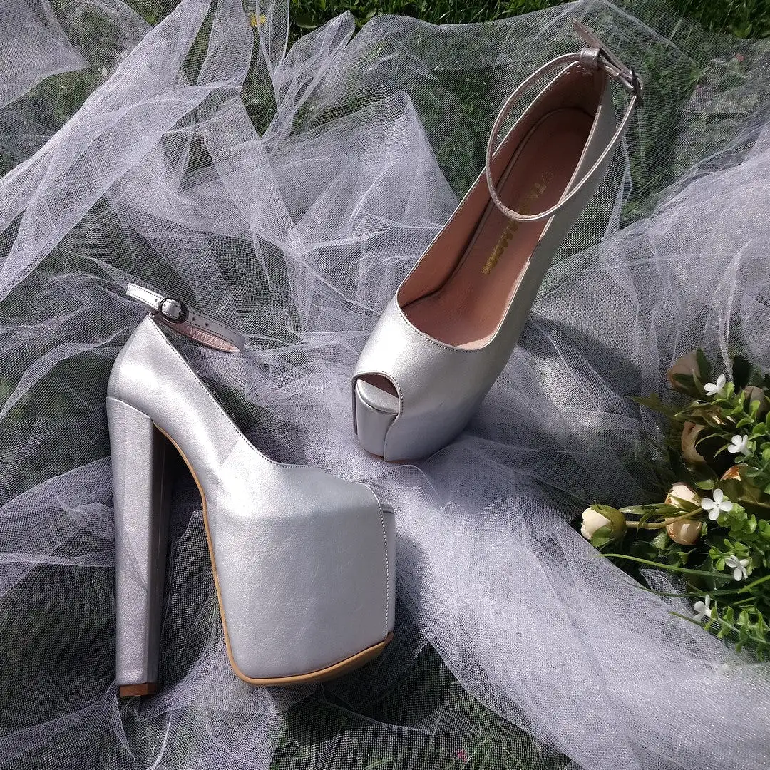 Silver Peep Toe Ankle Strap Wedding Shoes