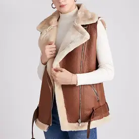 Slim Women Faux Leather Fur Vest Jacket Retro Streetwear Buckle Belt Fashion Solid Warm Burrs Female Chic Outwear