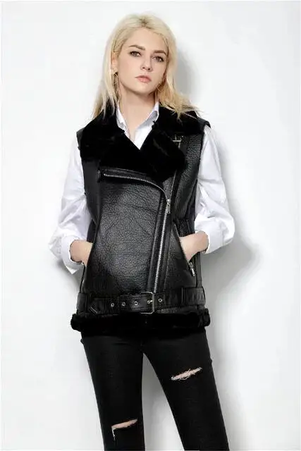 Slim Women Faux Leather Fur Vest Jacket Retro Streetwear Buckle Belt Fashion Solid Warm Burrs Female Chic Outwear