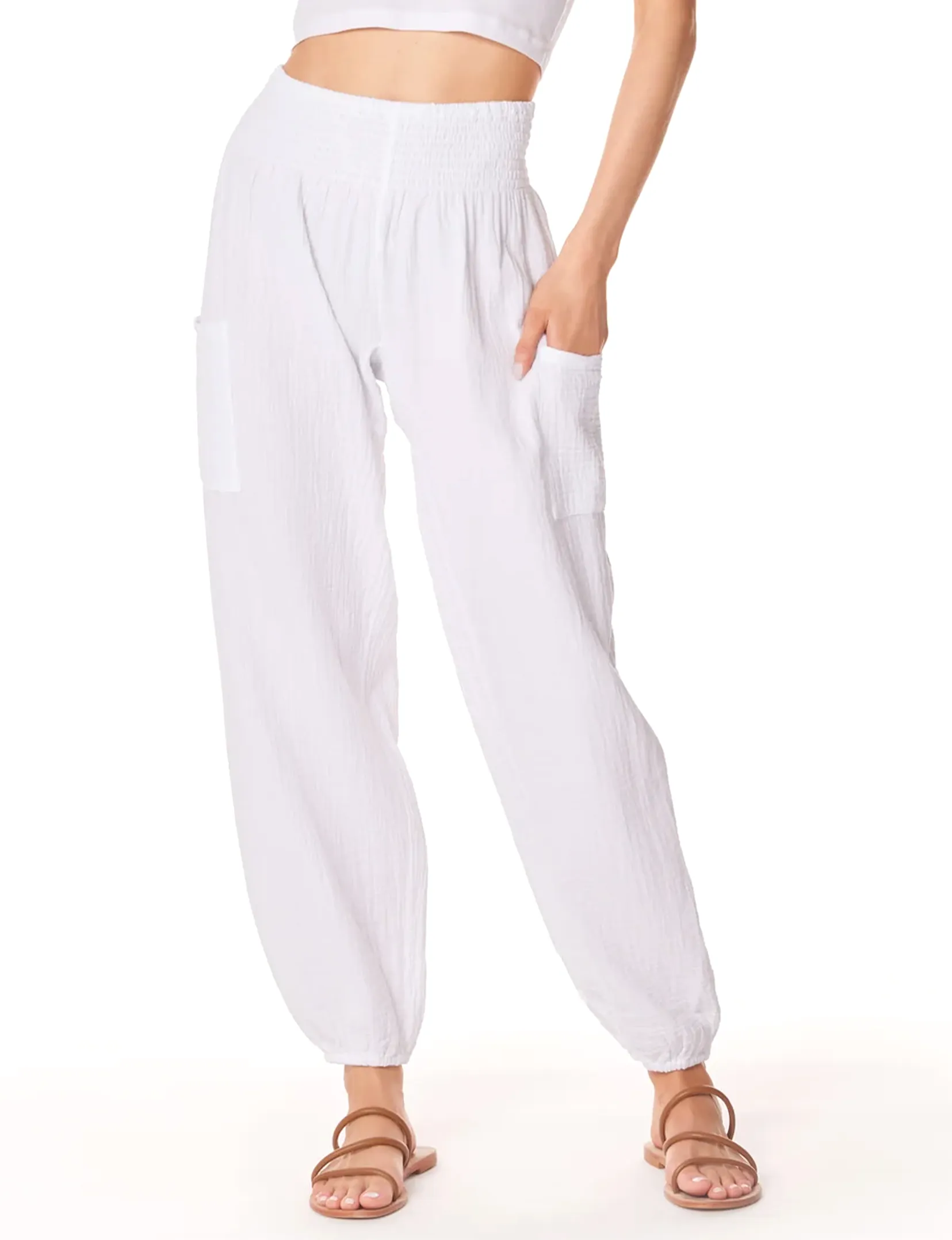 Smocked Beach Pant With Pockets, White