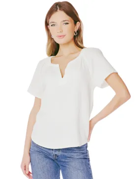 SPLIT NECK COTTON GAUZE SHORT SLEEVE BLOUSE