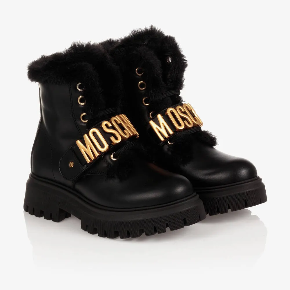 Teen Girls Black Leather Boots