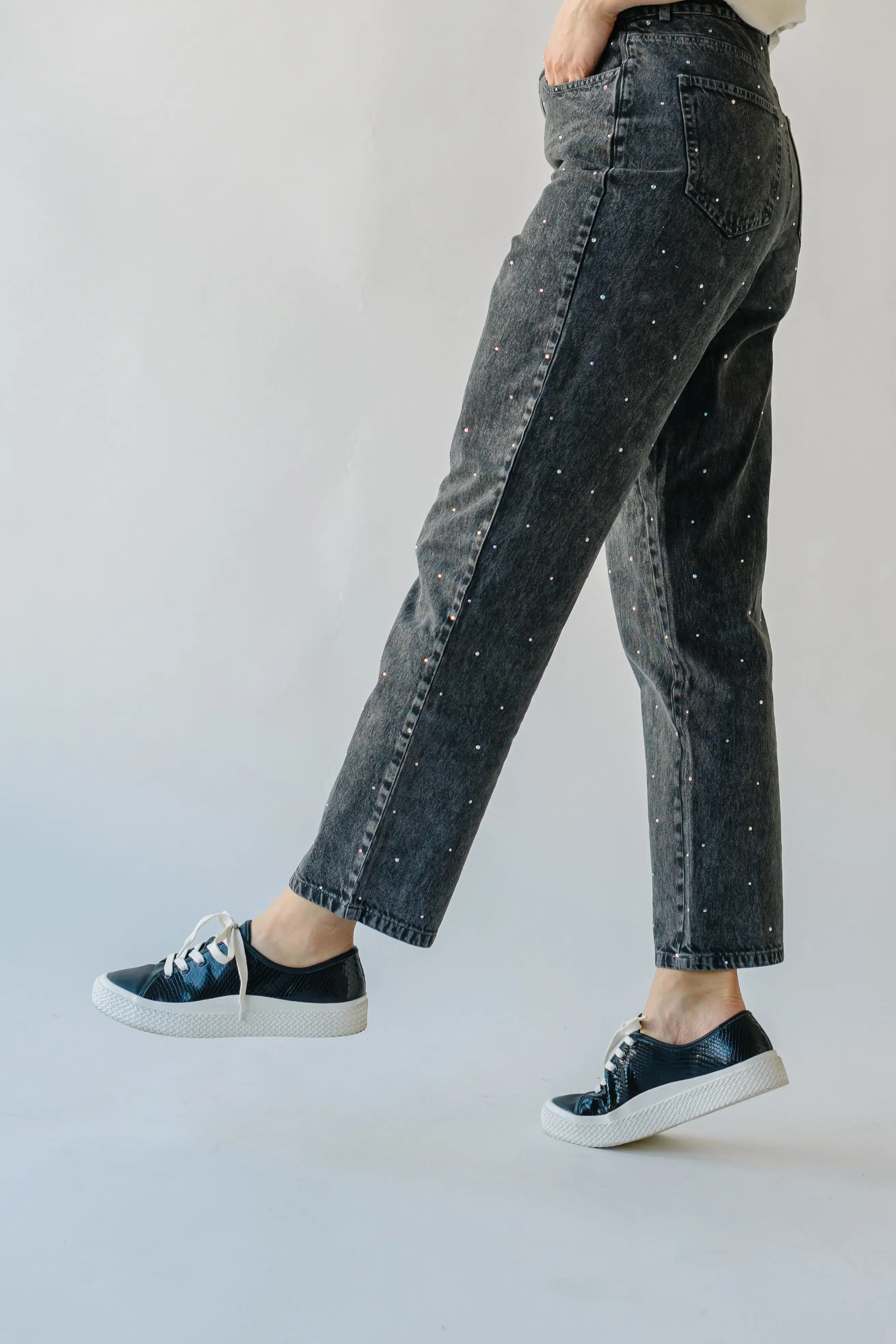 The Dana Rhinestone Jean in Washed Grey