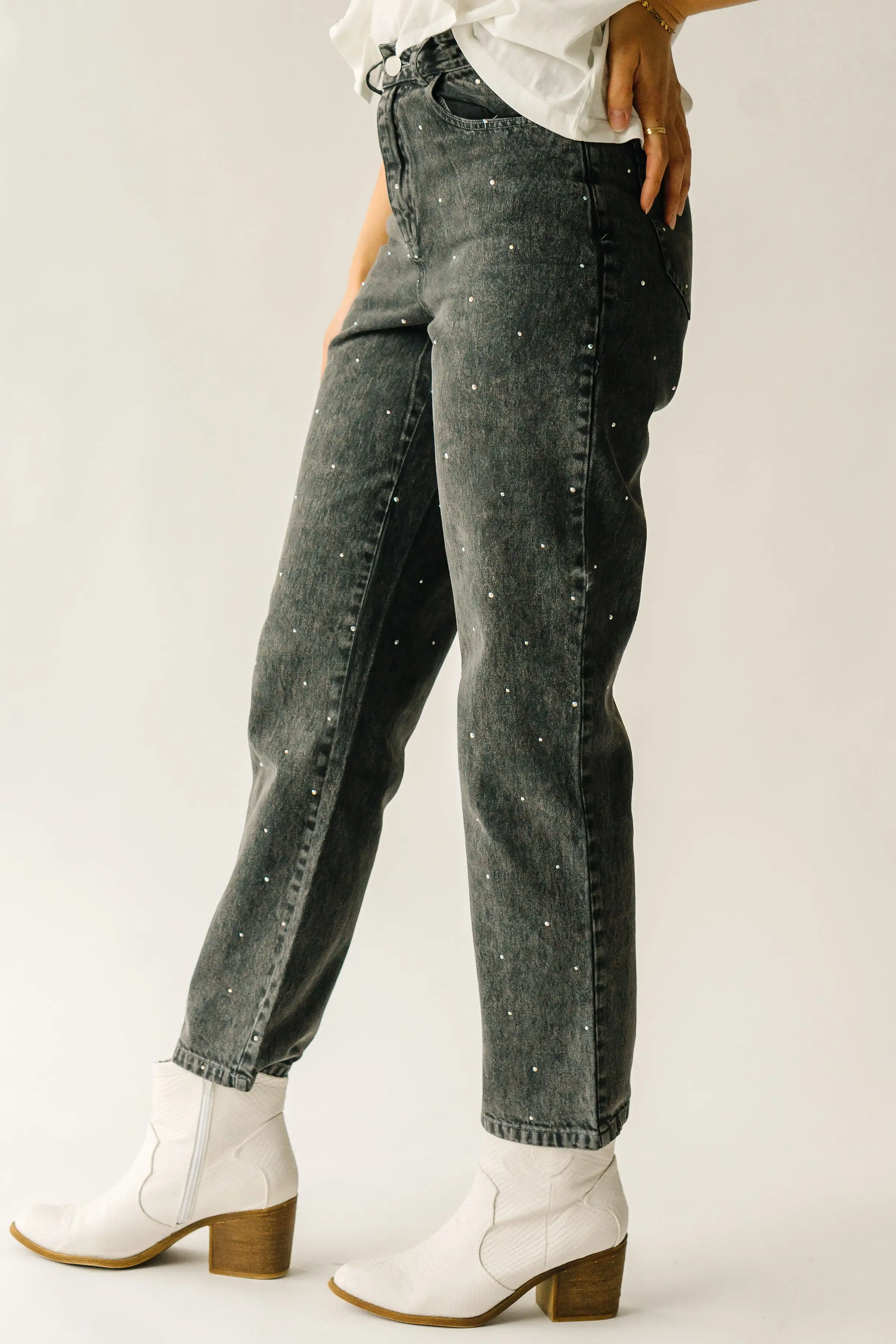 The Dana Rhinestone Jean in Washed Grey