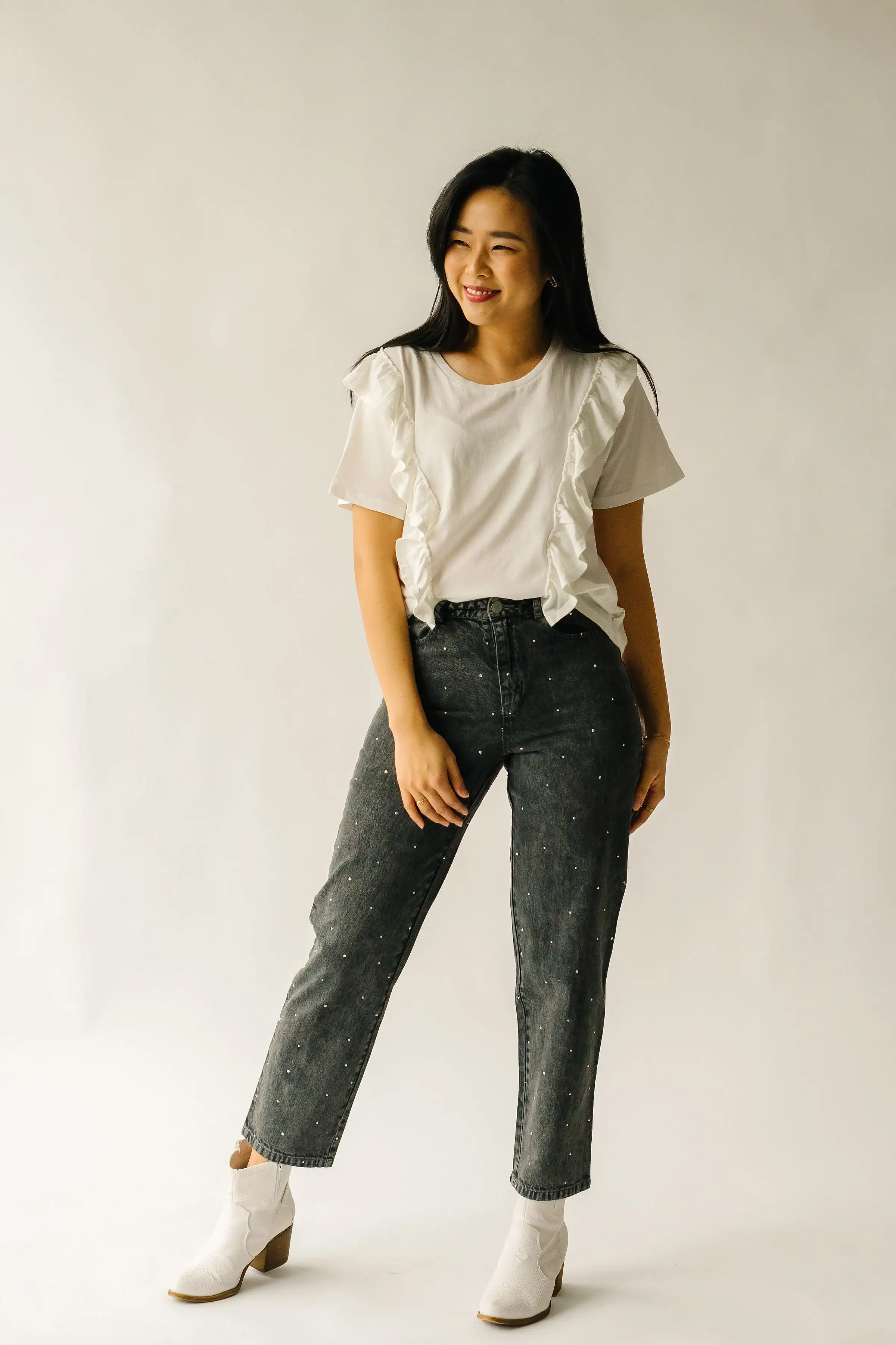 The Dana Rhinestone Jean in Washed Grey