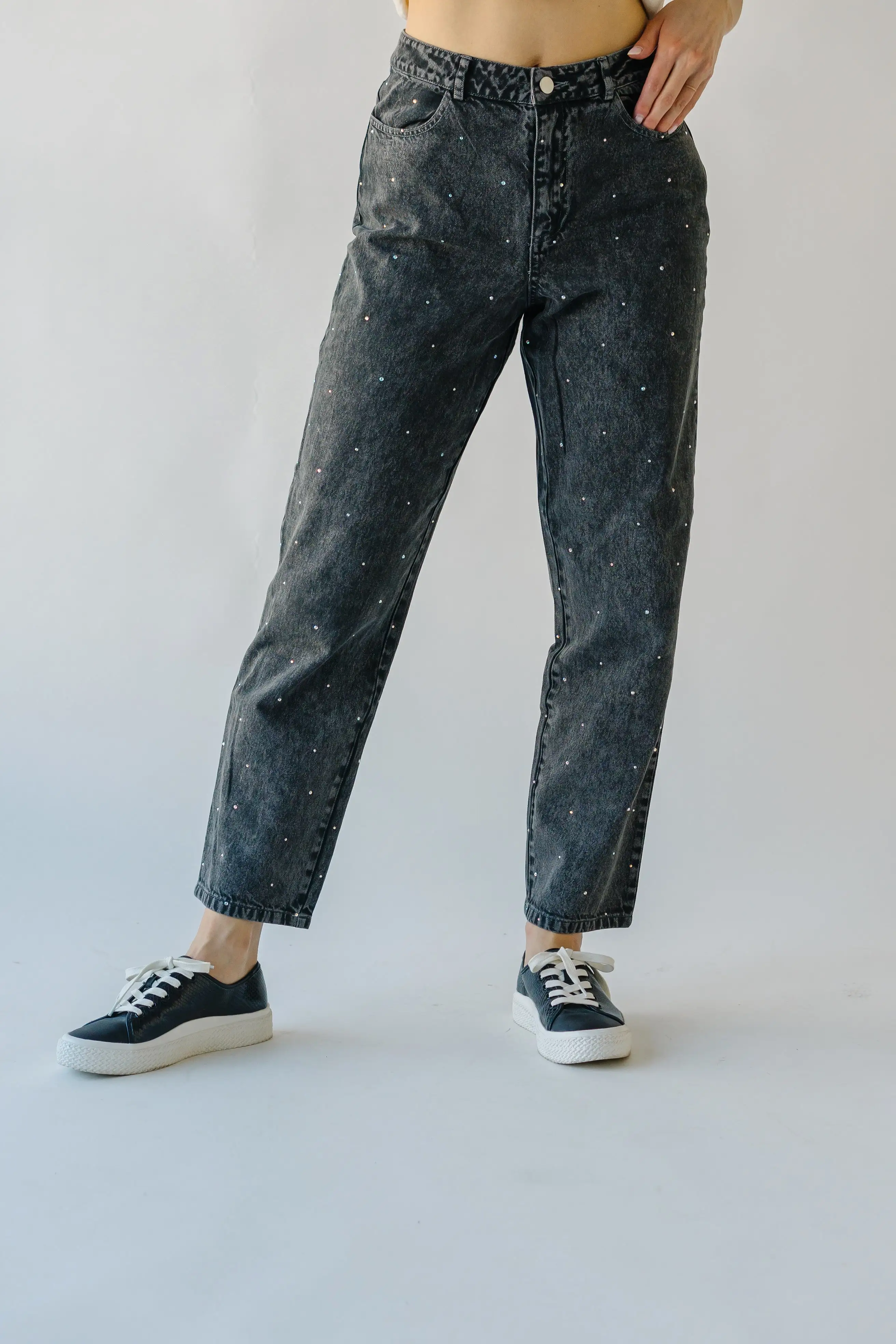 The Dana Rhinestone Jean in Washed Grey