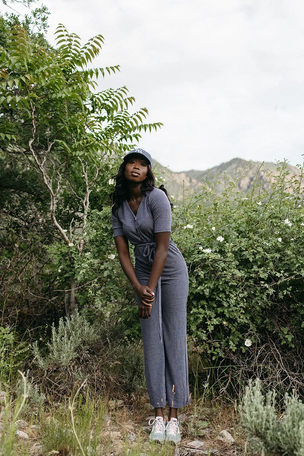 The Susan Belted Jumpsuit in Navy Stripe