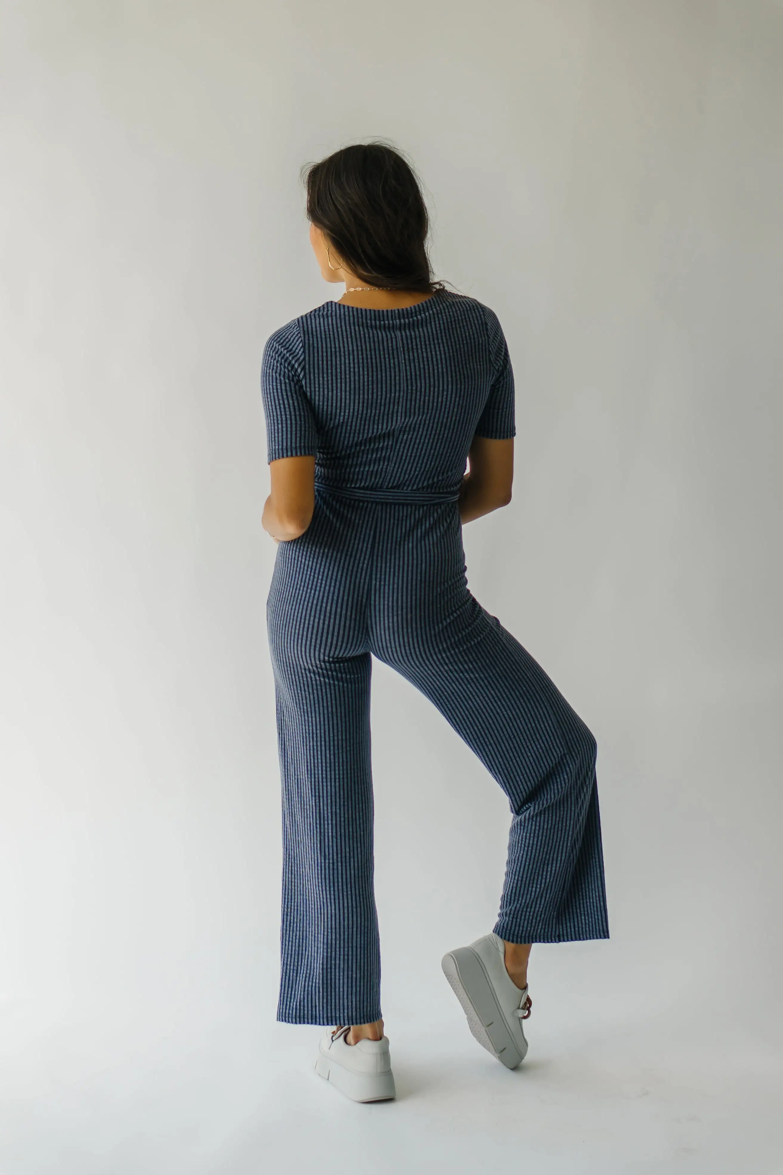 The Susan Belted Jumpsuit in Navy Stripe