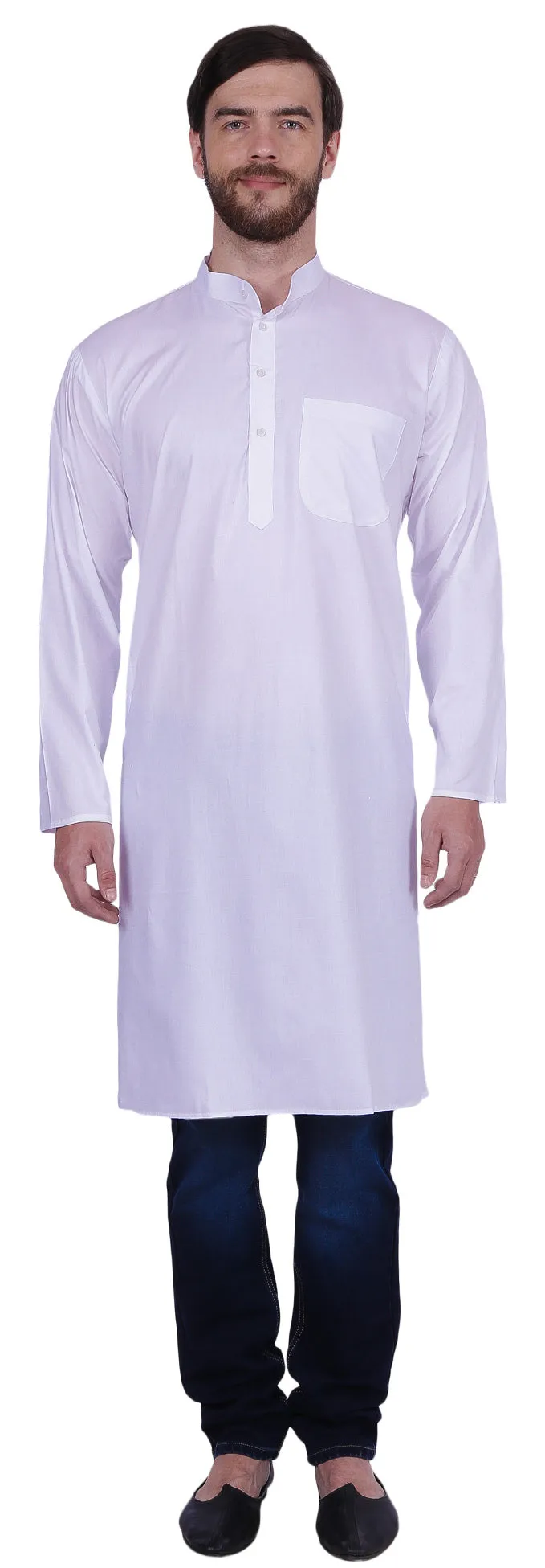 Traditional Men's Long Kurta Solid Color India Clothes (White)