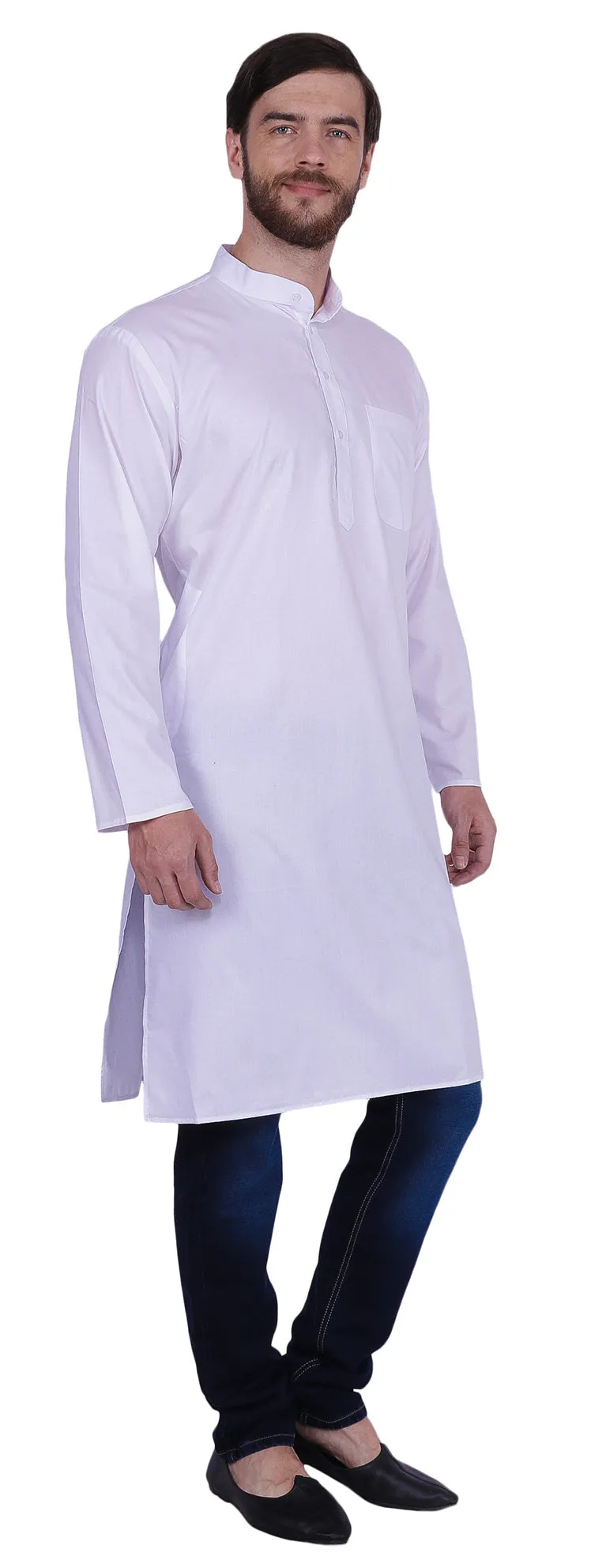 Traditional Men's Long Kurta Solid Color India Clothes (White)