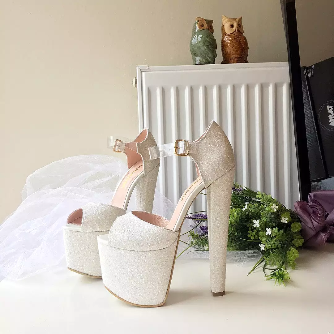 White Bridal Shimmer Glitter High Heel Platform Shoes