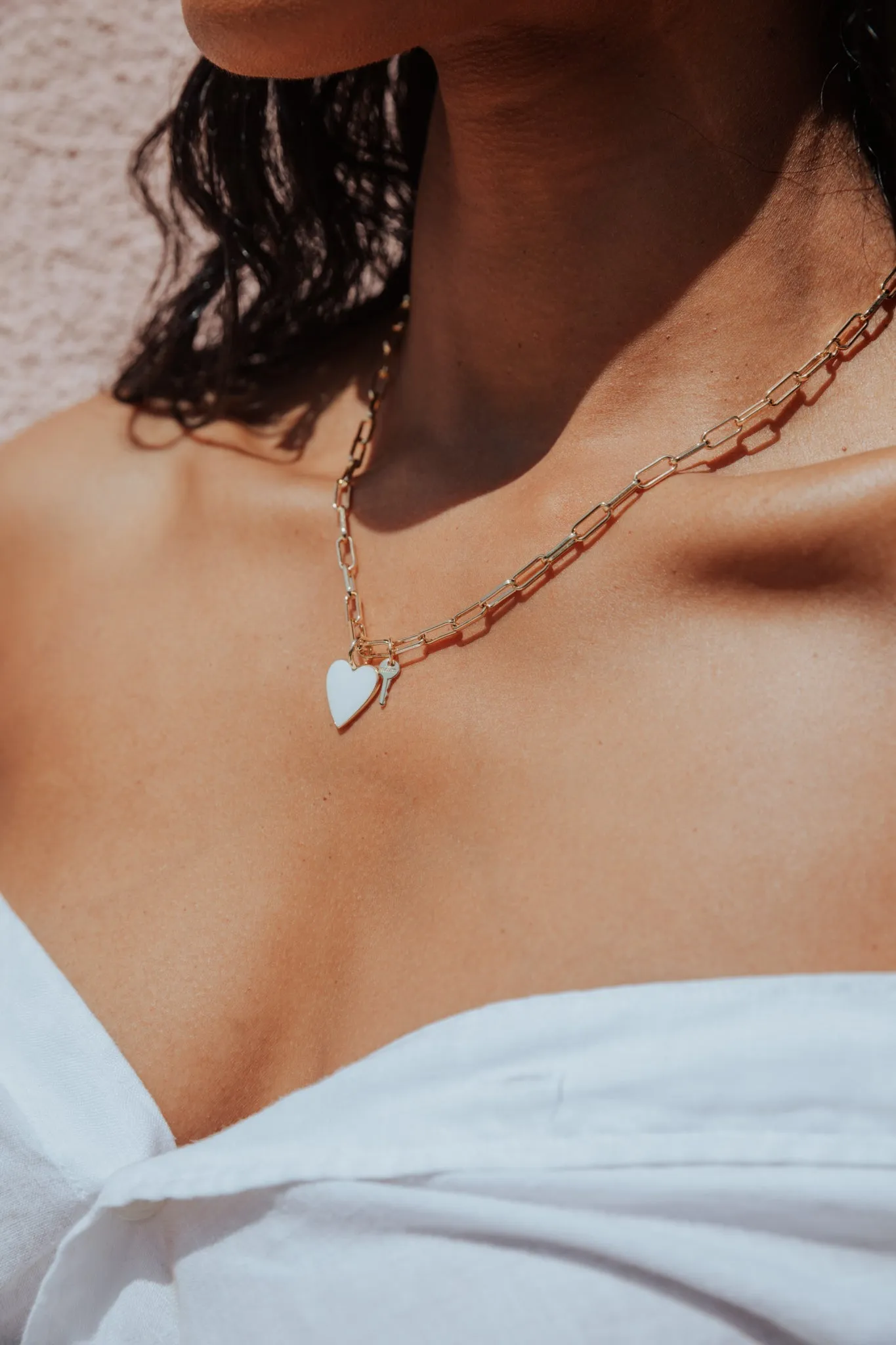 White Enamel Heart and Mini Key Brooklyn Necklace