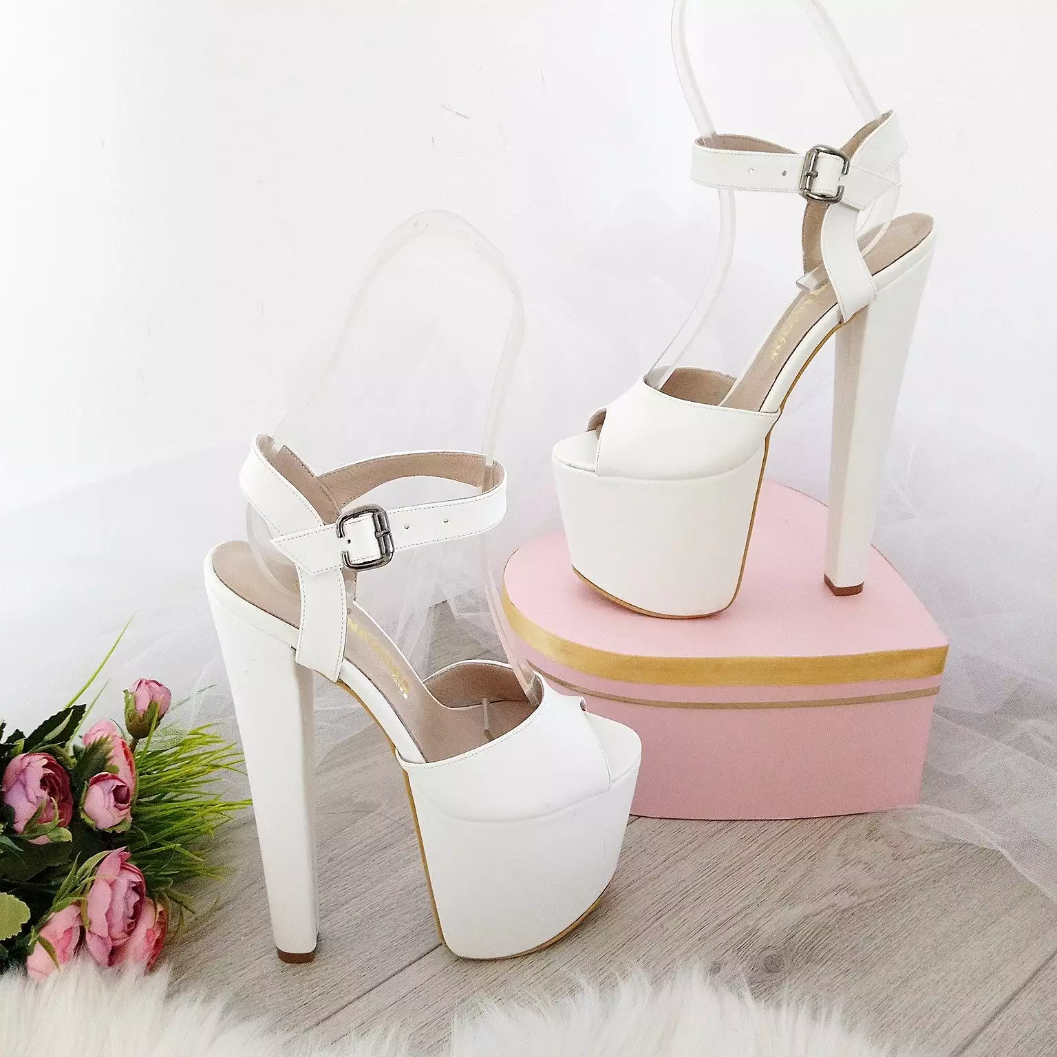 White Peep Toe Ankle Strap High Heel Platform Shoes