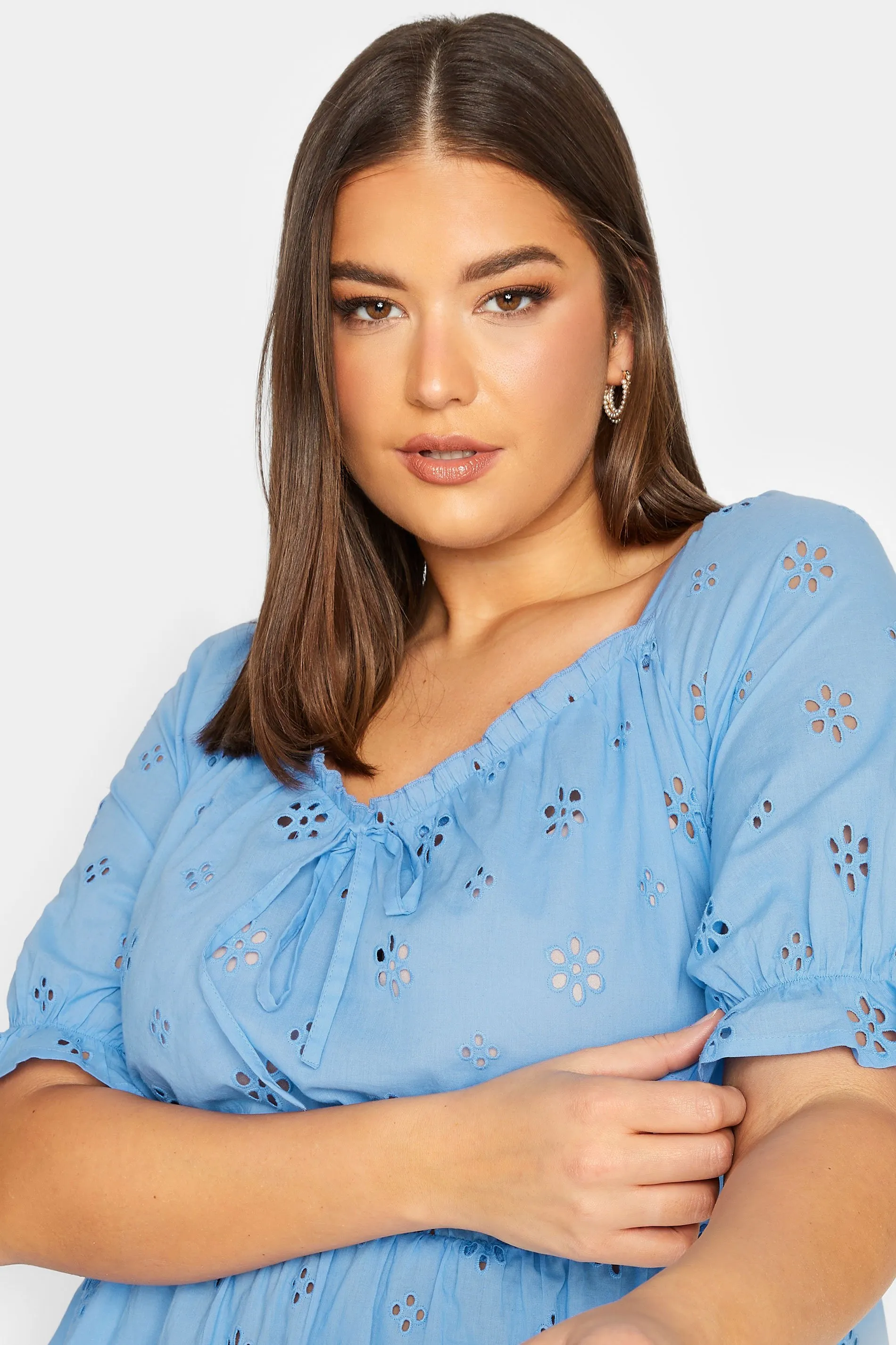 YOURS Curve Blue Broderie Anglaise Peplum Top