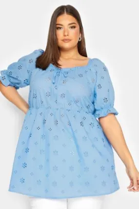 YOURS Curve Blue Broderie Anglaise Peplum Top