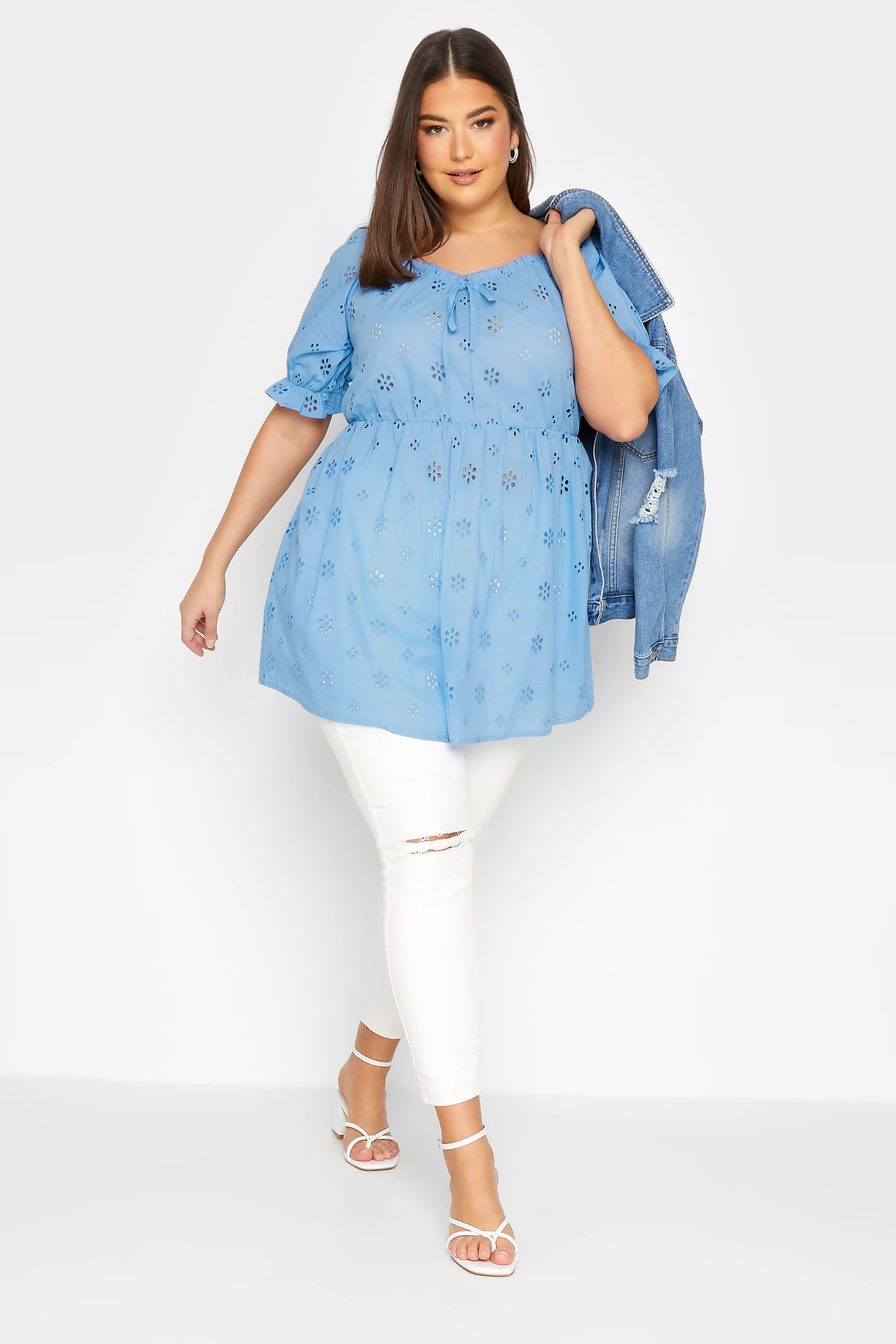 YOURS Curve Blue Broderie Anglaise Peplum Top