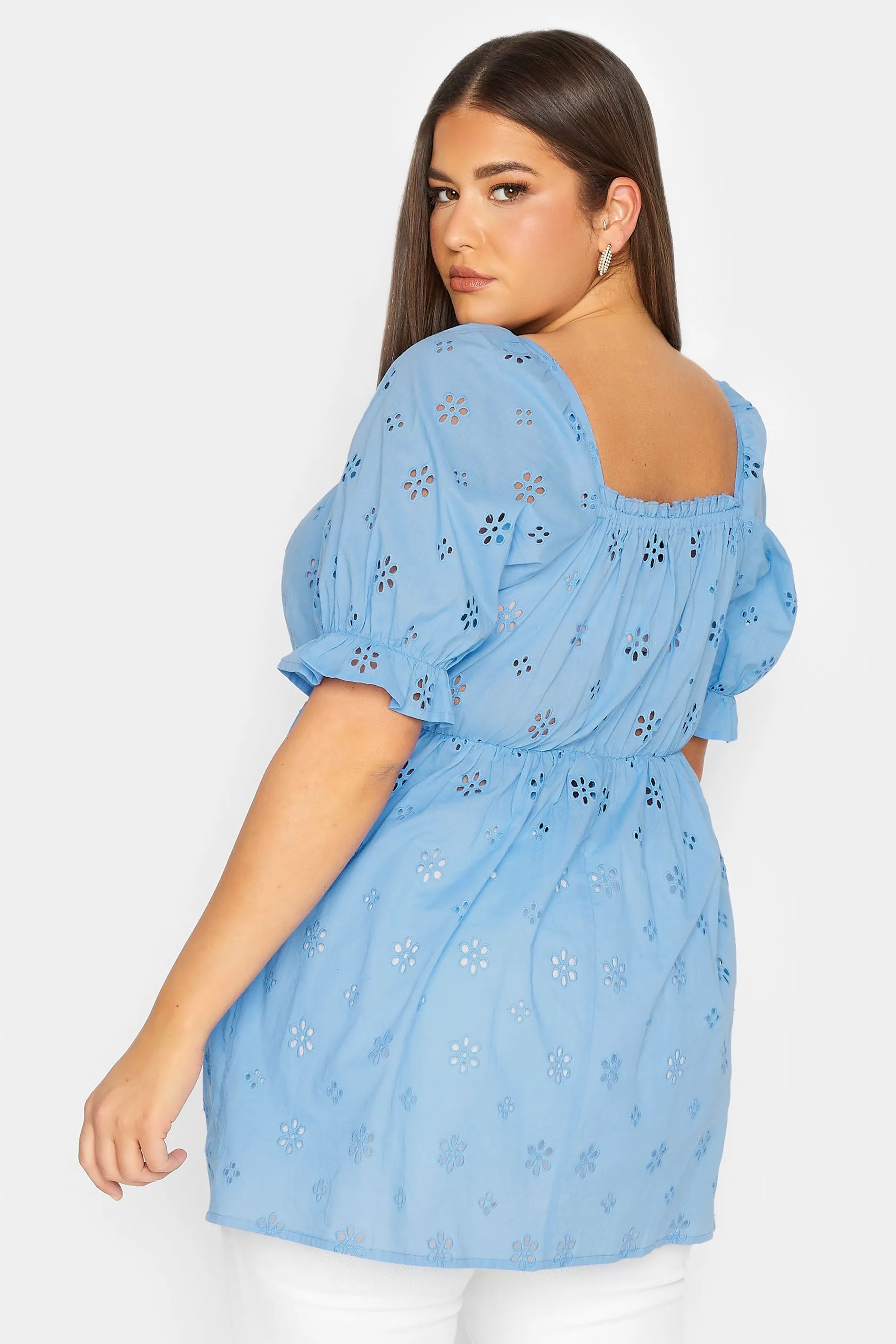 YOURS Curve Blue Broderie Anglaise Peplum Top