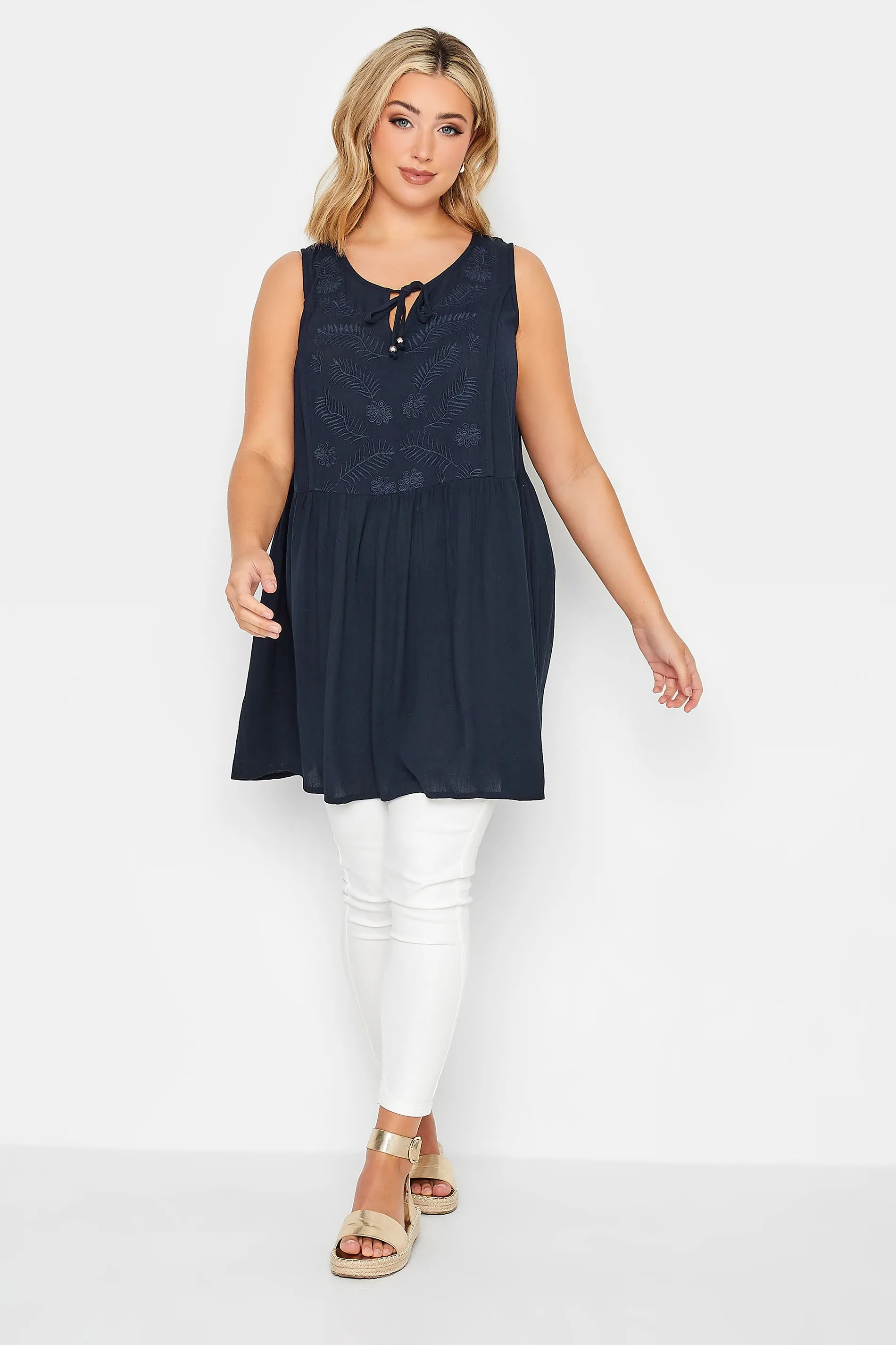 YOURS Curve Navy Blue Embroidered Peplum Vest Top