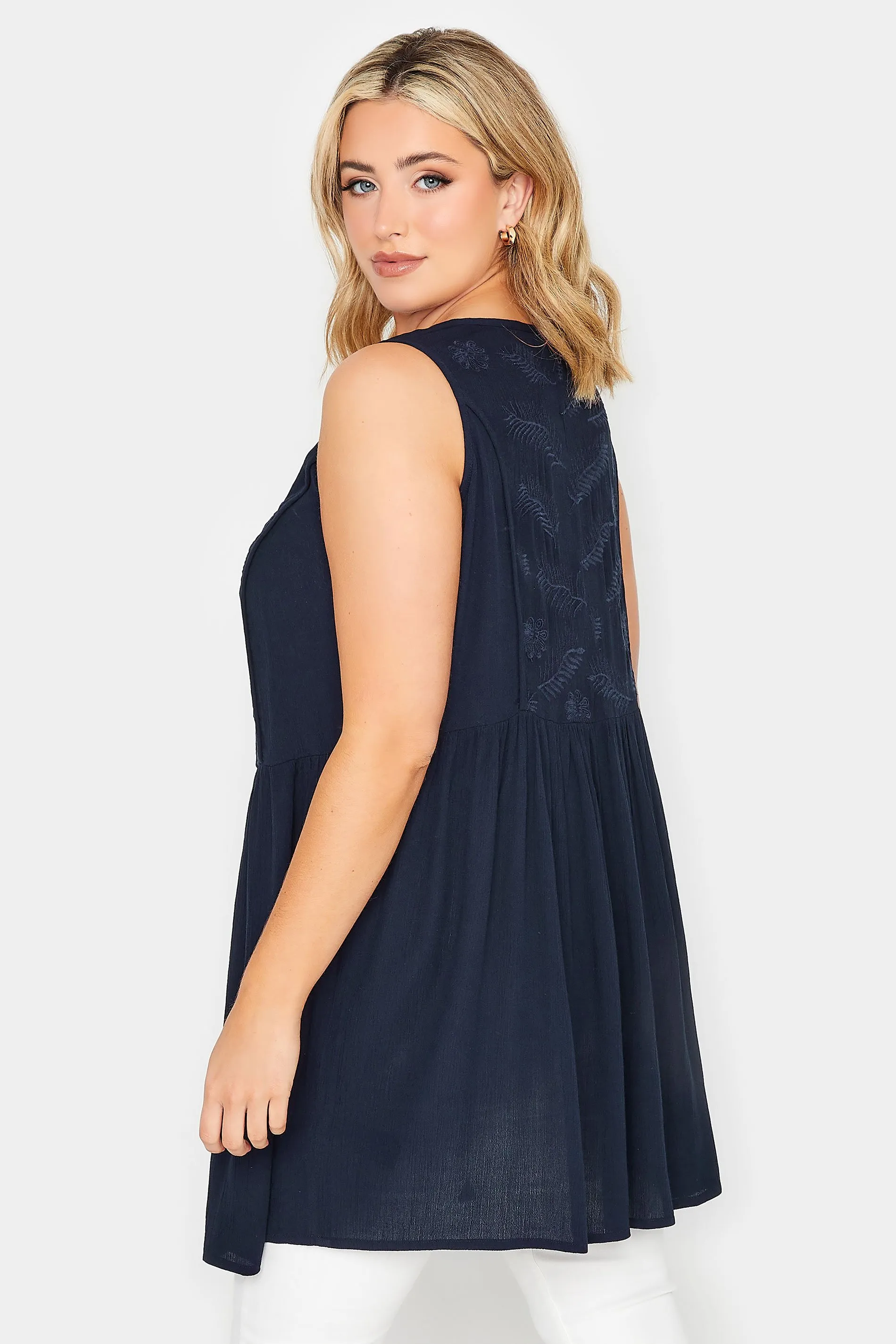 YOURS Curve Navy Blue Embroidered Peplum Vest Top