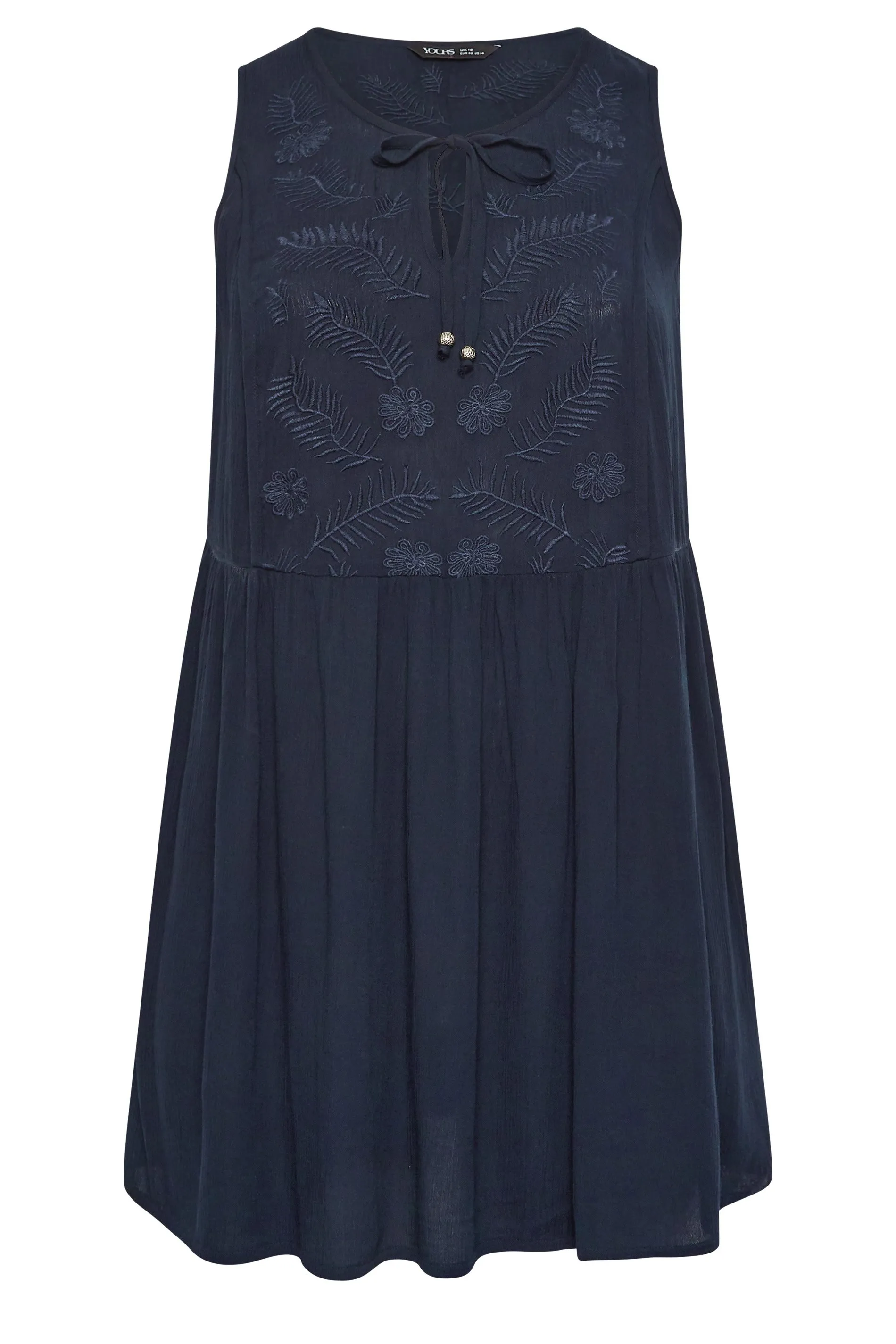 YOURS Curve Navy Blue Embroidered Peplum Vest Top