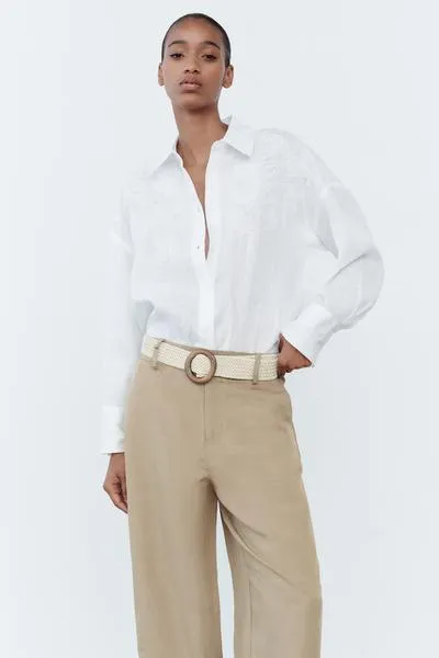 ZARA  |Linen Long Sleeves Office Style Elegant Style Formal Style