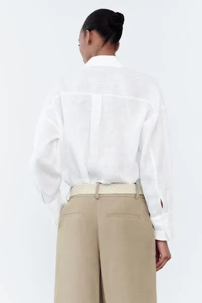 ZARA  |Linen Long Sleeves Office Style Elegant Style Formal Style